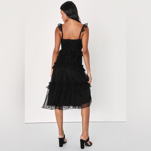 Lulus Black Mesh Swiss Dot Tiered Midi Dress NWT - Picture 4 of 4